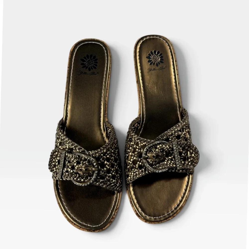 Yellow Box Debbie Wedge Sandals Womens 10 Bronze Woven Rhinestone Buckle New